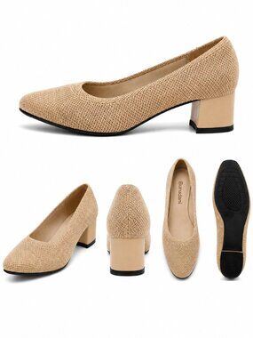 Burudani Women’s BeigeKnit Round Toe Block Heel Shoes, Size, 7.5-11